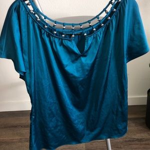 White House Black Market beaded Blue Blouse